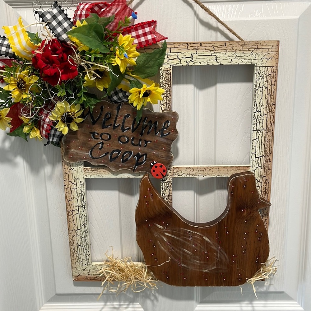 Faux window frame chicken wreath